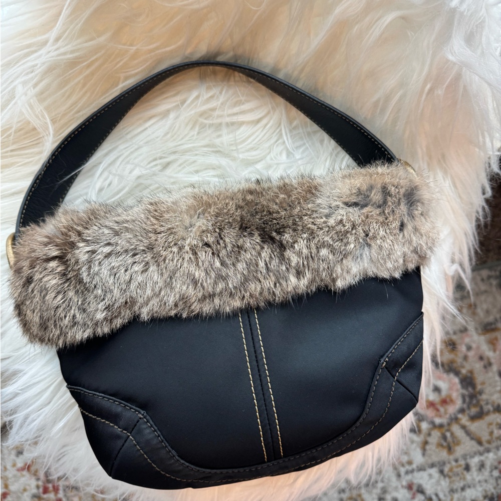 Y2K Coach Soho Black and Brown Fur-Trimmed Shoulder Bag